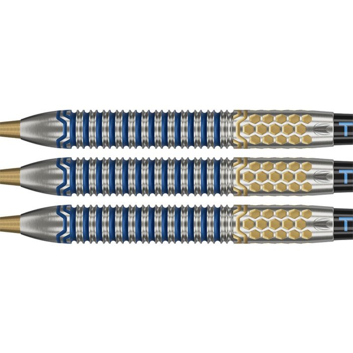 Close-up of Target Josh Rock G1 90% Tungsten Swiss Point Darts 23g barrels, highlighting the blue and gold finish, precision-milled geometric grip pattern and barrel design.
