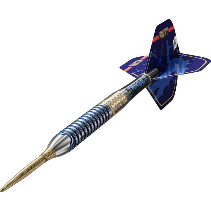 Angled view of a complete Target Josh Rock G1 90% Tungsten Swiss Point Dart 23g, showcasing the blue and gold barrel, precision-milled grip, Swiss Point tip, shaft and signature flight.