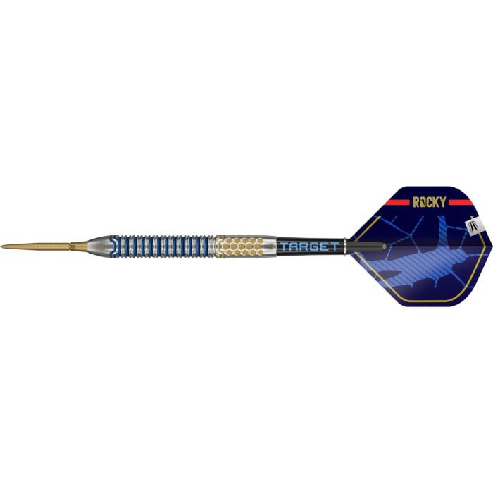 Horizontal view of the complete Target Josh Rock G1 90% Tungsten Swiss Point Dart 23g, showcasing the blue and gold barrel, precision-milled grip, Swiss Point tip, shaft and signature flight.