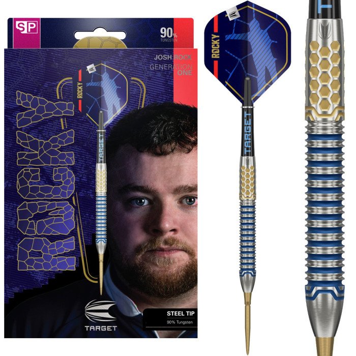 Target Josh Rock G1 90% Tungsten Swiss Point Darts 23g showing the official packaging box alongside a close-up of the blue and gold dart barrel, highlighting its precision-milled grip design.