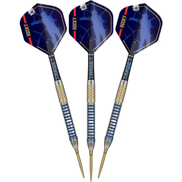 Set of three Target Josh Rock G1 90% Tungsten Swiss Point Darts 23g, showing the complete darts with blue and gold barrels, shafts and Josh Rock signature flights.