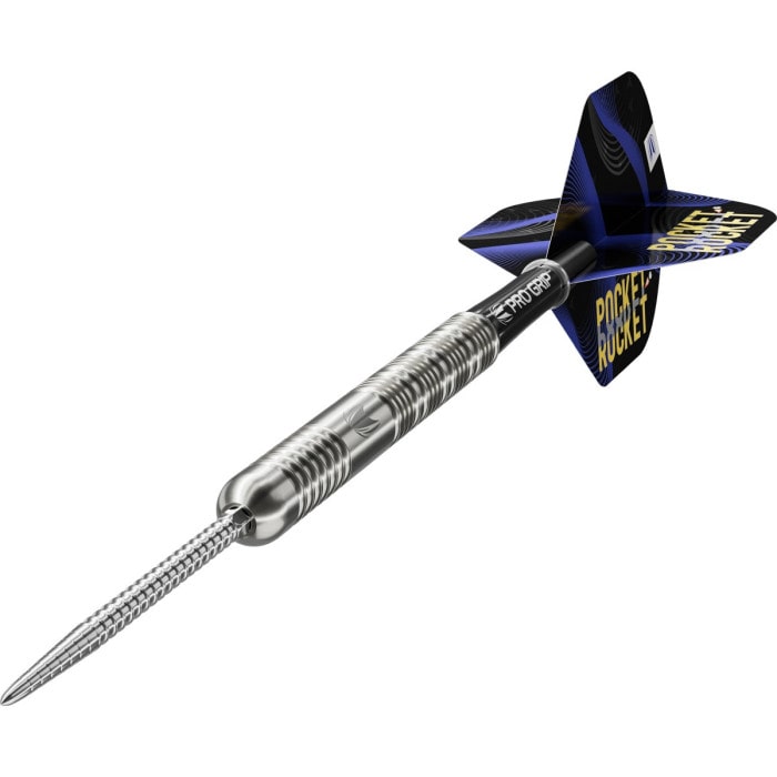 Single Target Justin Hood G1 23g steel tip dart lying flat, showing the 90% tungsten ringed barrel, Swiss Chrono Point, black Pro Grip shaft and Pocket Rocket flight.