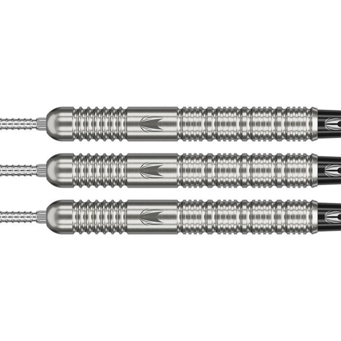 Three Target Justin Hood G1 23g 90% tungsten dart barrels showing the silver straight-barrel design and precision radial ring grip.