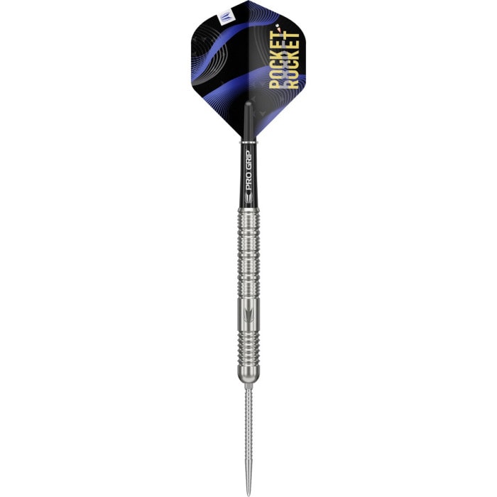 Target Justin Hood Generation One 23g steel tip dart standing upright, displaying its 90% tungsten ringed barrel, Swiss Point and Pocket Rocket flight design.