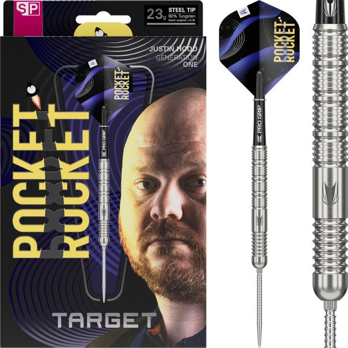 Target Justin Hood Generation One 90% tungsten Swiss Point darts 23g with retail packaging and darts displayed to the right.