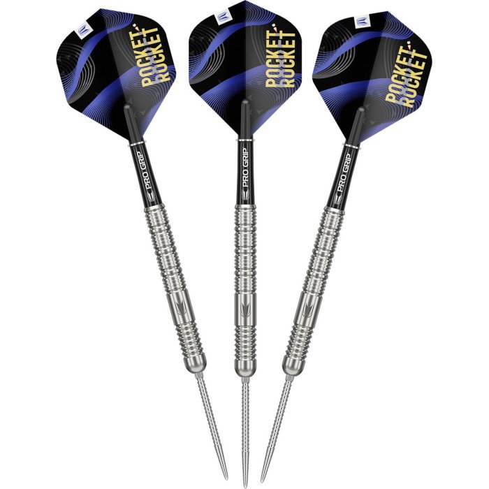 Three complete Target Justin Hood Generation One 23g steel tip darts featuring 90% tungsten barrels, Swiss Chrono Points, black Pro Grip shafts and Pocket Rocket flights.
