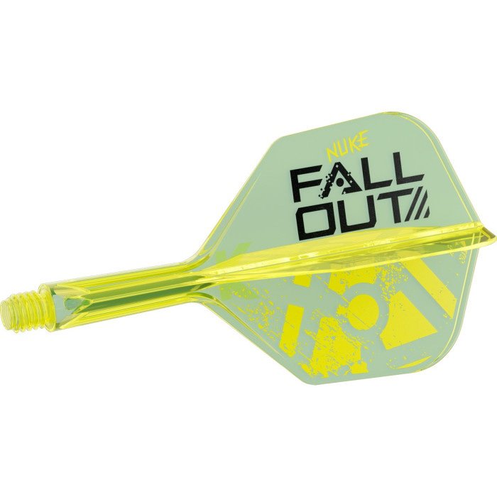 Single Target Luke Littler Fallout K-Flex No.6 lying on its side, showing the neon yellow integrated flight and shaft with Nuke and Fallout graphics.