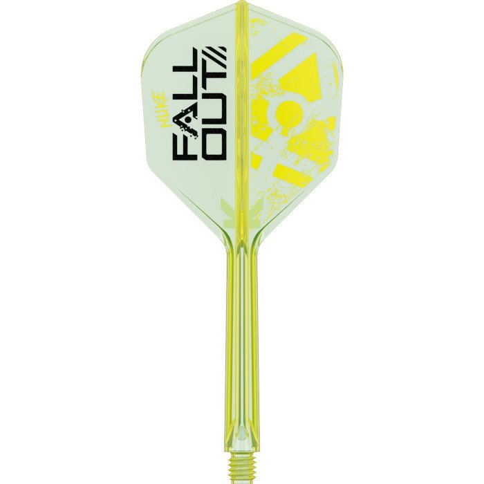 Single Target Luke Littler Fallout K-Flex No.6 standing upright, showing the neon yellow integrated flight and shaft with Nuke and Fallout graphics.