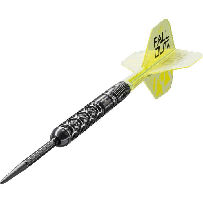 Close-up side view of Target Luke Littler Nuke Fallout SP 90% tungsten dart showing the black PVD barrel, hexagonal grip pattern and Swiss Point.
