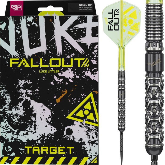 Target Luke Littler Nuke Fallout SP 90% tungsten steel tip darts with retail packaging on the left and three assembled darts on the right.