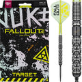 Target Luke Littler Nuke Fallout SP 90% tungsten steel tip darts with retail packaging on the left and three assembled darts on the right.