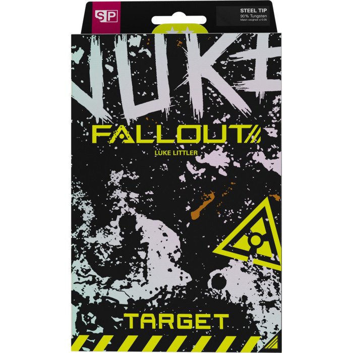 Target Luke Littler Nuke Fallout SP 90% tungsten steel tip darts retail packaging box featuring the official Fallout design and Luke Littler branding.