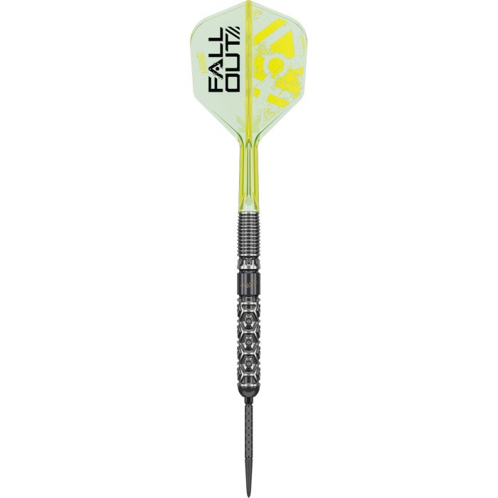 Single Target Luke Littler Nuke Fallout SP 90% tungsten steel tip dart standing upright, featuring a black barrel and neon yellow Fallout K-Flex flight.