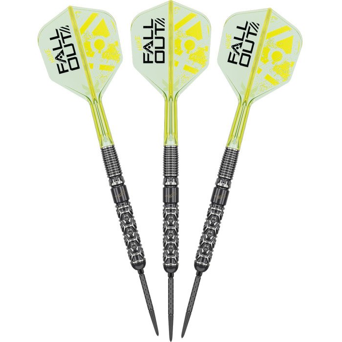 Three Target Luke Littler Nuke Fallout SP 90% tungsten steel tip darts featuring black barrels, Swiss Points and neon yellow Fallout K-Flex flights.