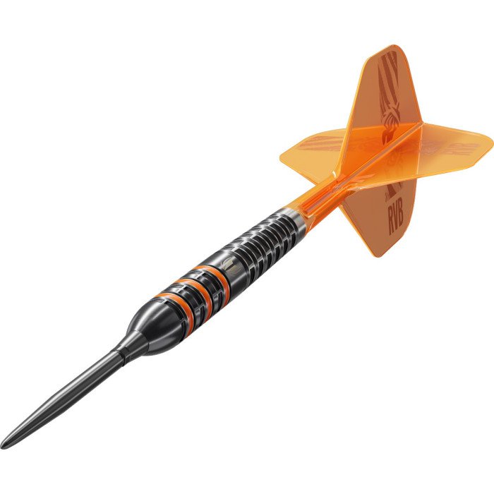 Side view of a Target Raymond van Barneveld RVB 95K 25g 95% tungsten Swiss Point dart, showing the barrel grip design, black Swiss Point and neon orange K-Flex flight