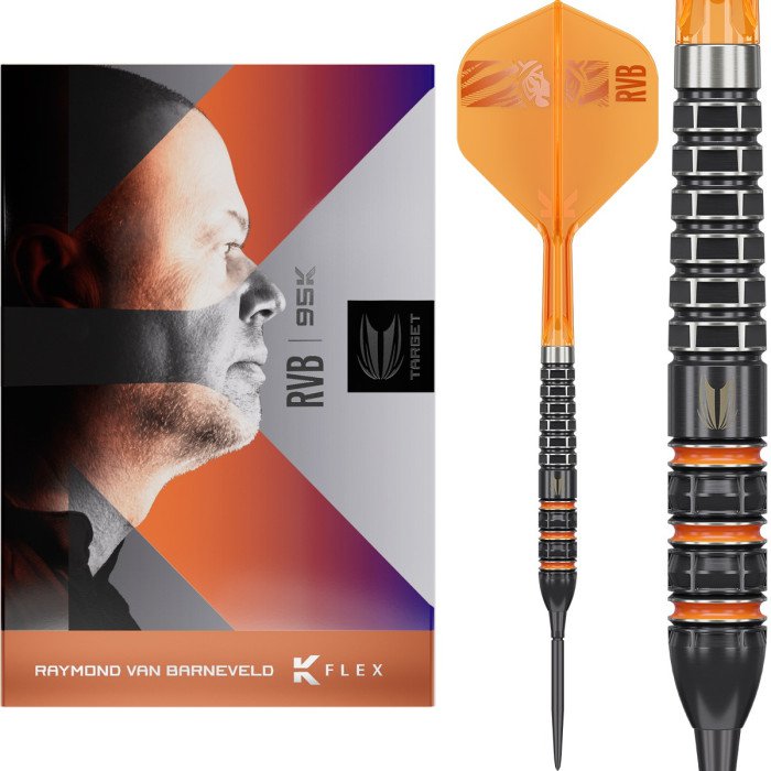 Target Raymond van Barneveld RVB 95K 25g 95% tungsten Swiss Point darts showing retail packaging box with detailed barrel close-up on the right.