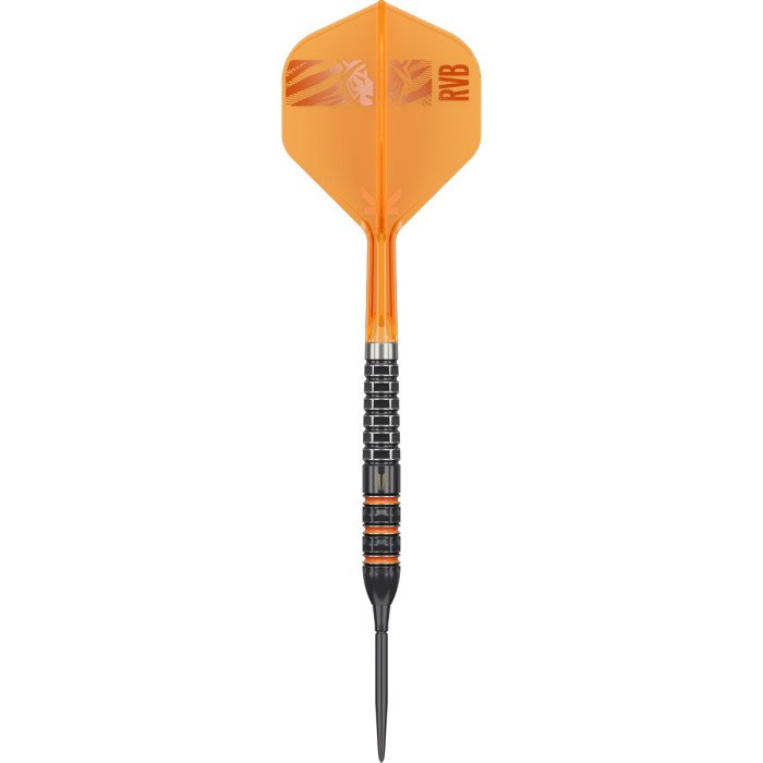 Single Target Raymond van Barneveld RVB 95K 25g 95% tungsten Swiss Point dart, showing the black precision-milled barrel and neon orange RVB K-Flex flight