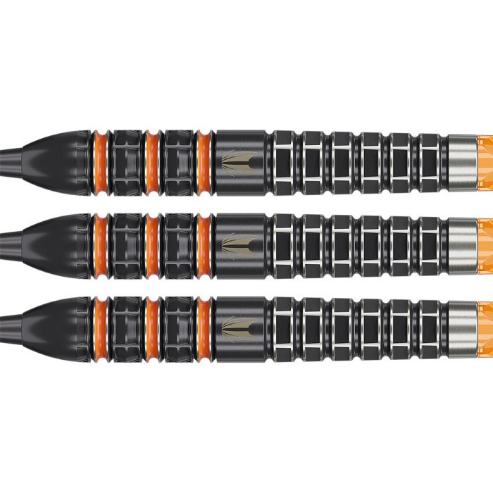 Close-up of three Target Raymond van Barneveld RVB 95K 25g 95% tungsten dart barrels, highlighting the precision-milled grip pattern and black finish.