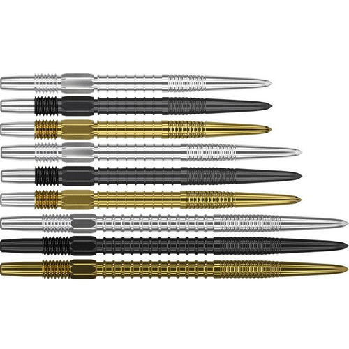 Target Swiss Firepoint steel tip dart points showing different grip designs in silver, black and gold finishes.