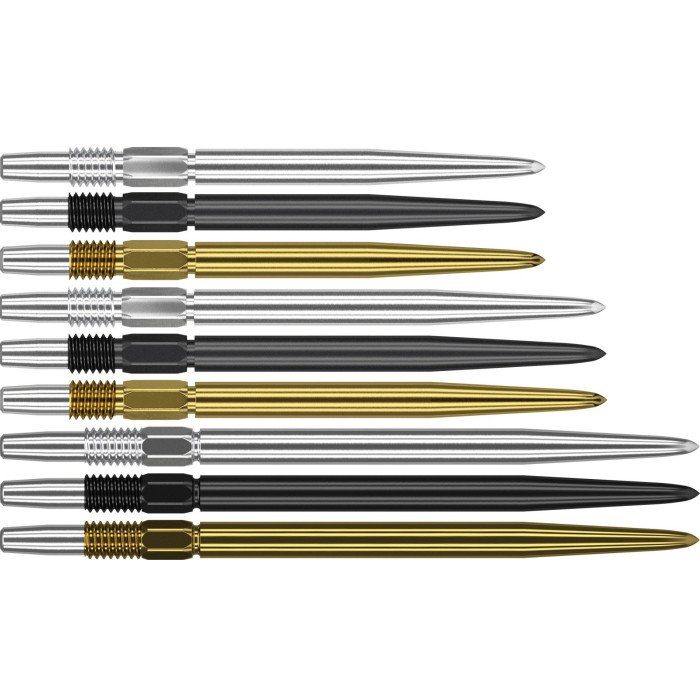 Target Swiss Smooth steel tip dart points in silver, black and gold finishes, featuring a smooth design and interchangeable Swiss Point fitting.