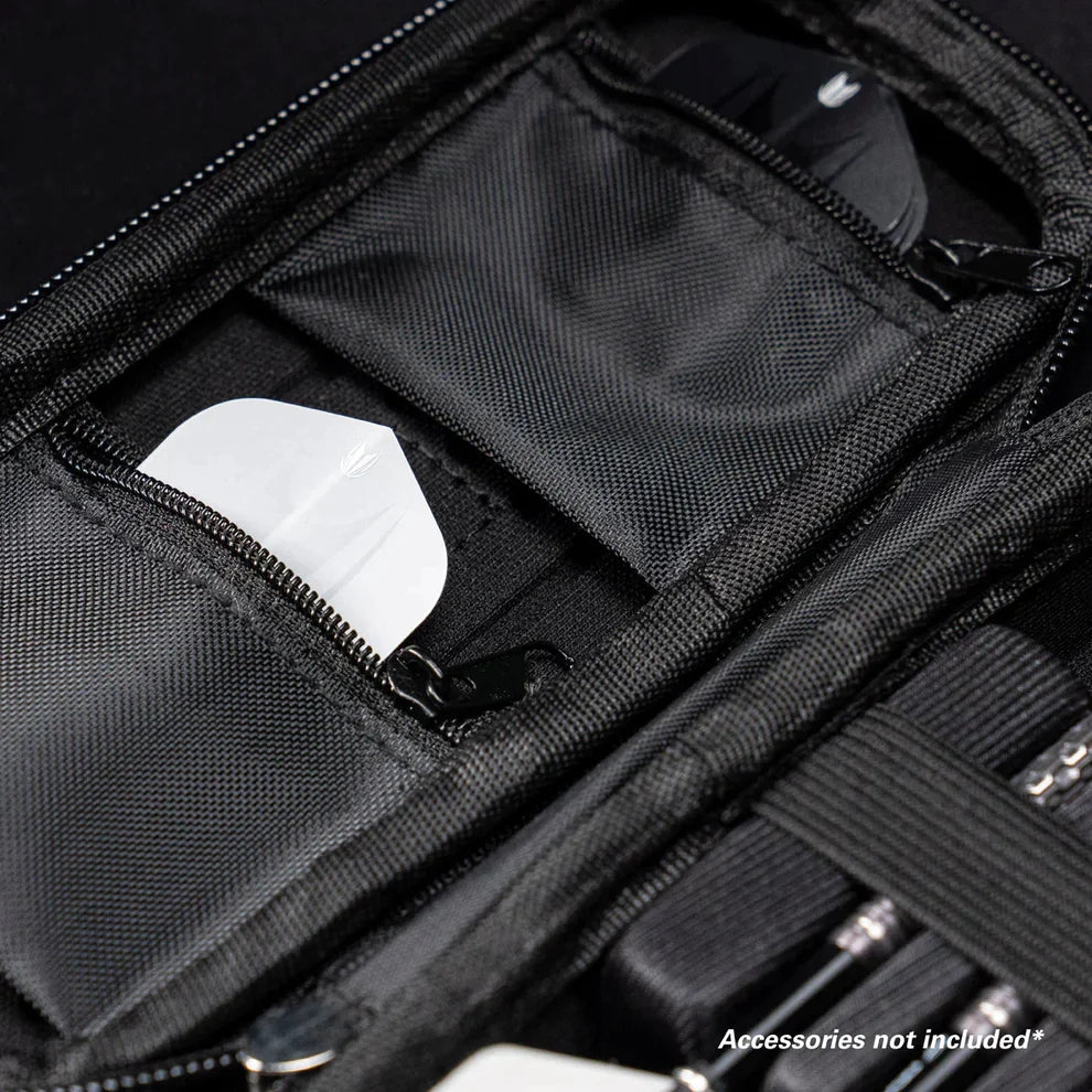 Target Takoma Red Darts Case close-up showing internal flight and accessory compartments