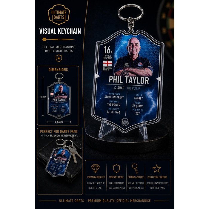 Ultimate Card Key Chain Phil Taylor showing dimensions, premium acrylic finish, durable keyring attachment and collectible darts design.