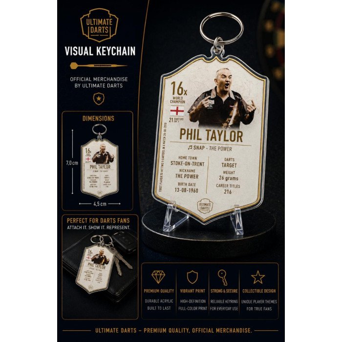 Ultimate Card Key Chain Phil Taylor Immortals showing dimensions, premium acrylic finish, durable keyring attachment and collectible darts design.