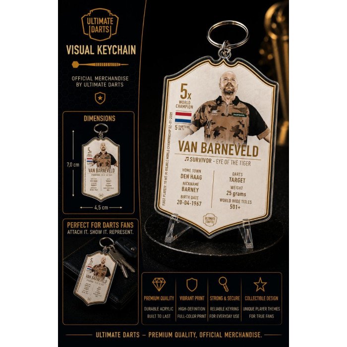 Ultimate Card Key Chain Raymond van Barneveld Immortals showing dimensions, premium acrylic finish, durable keyring attachment and collectible darts design.