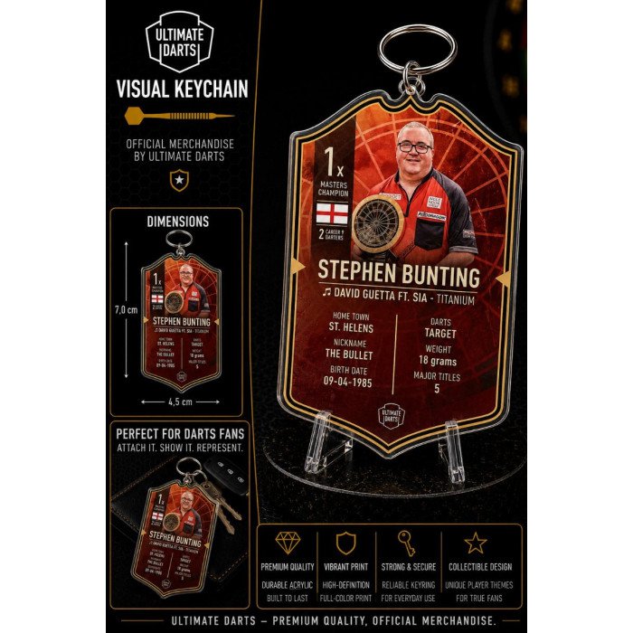 Ultimate Card Key Chain Stephen Bunting showing dimensions, premium acrylic finish, durable keyring attachment and collectible darts design.