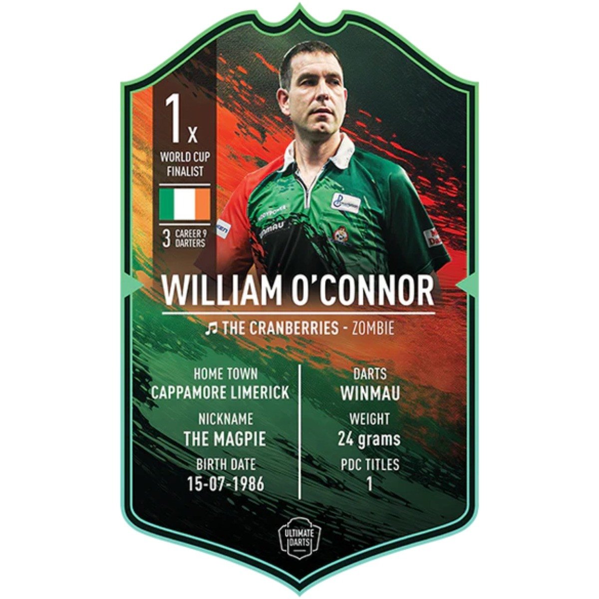 Front of William O'Connor The Magpie Ultimate Player Card 2026 Edition collectible darts card